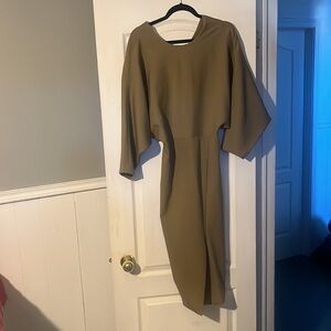 Olive green oak+fort dress. Long sleeve, long, front slit